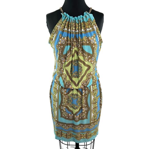 CACHE Womens Baroque Chain Halter Dress Blue Yellow Sleeveless Stretch Size M - Picture 1 of 10
